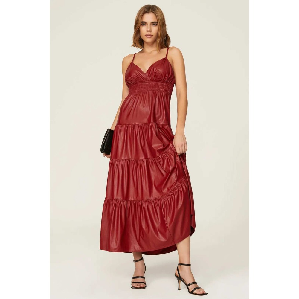 Derek Lam 10 Crosby Red Faux Leather Tiered Max Spaghetti Smocked Waist Size 6